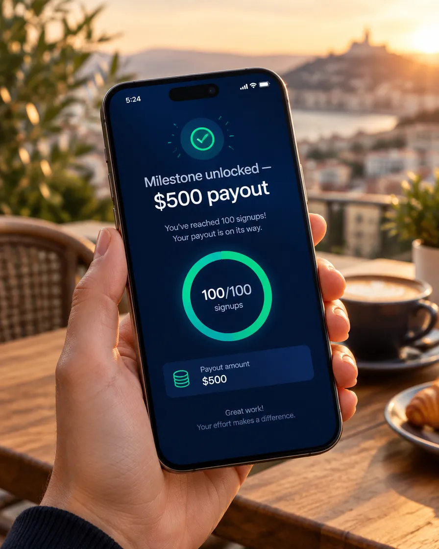 Phone showing a $500 milestone payout after 100 signups