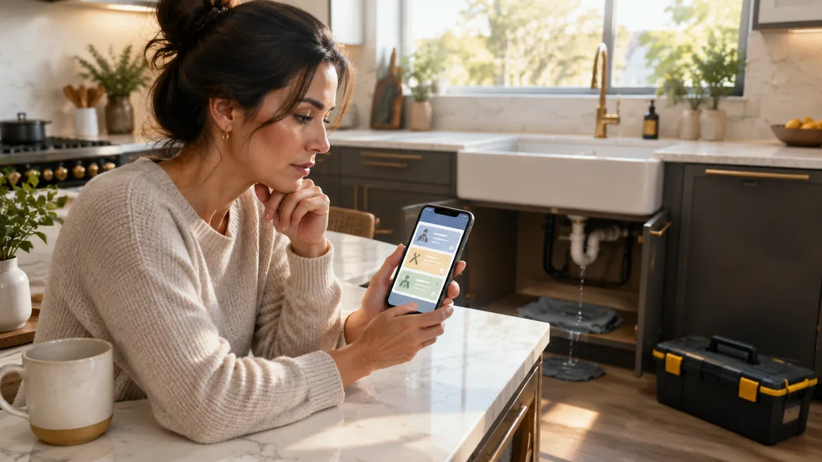 Homeowner at a kitchen island comparing home service apps on her phone, with a toolbox nearby