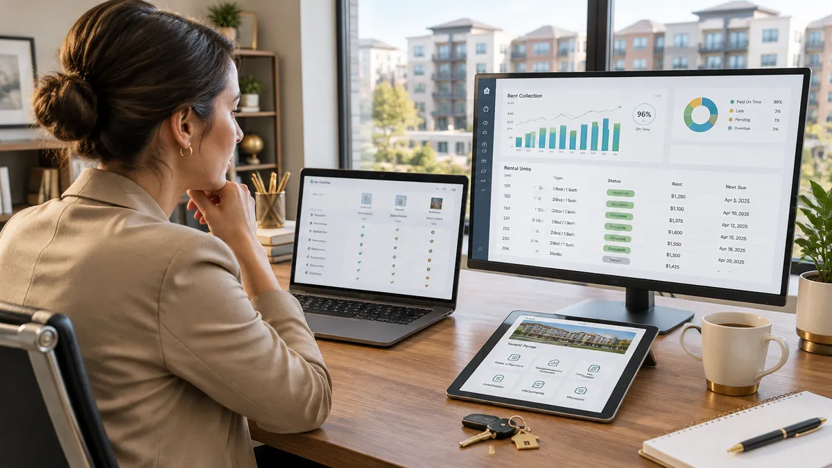 Property manager at a desk comparing property management software dashboards on a laptop and monitor, with apartment buildings outside the window