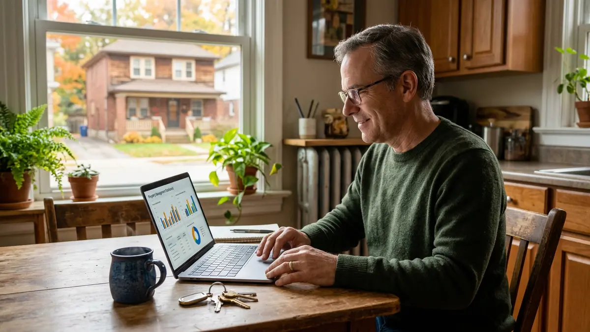 Small landlord at a kitchen table reviewing rent payments on a laptop, with house keys and a rental house visible through the window