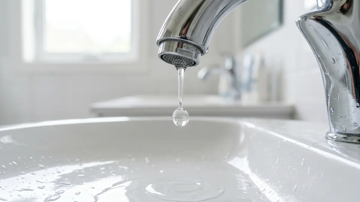 Close-up of a water droplet falling from a chrome bathroom faucet into a white sink