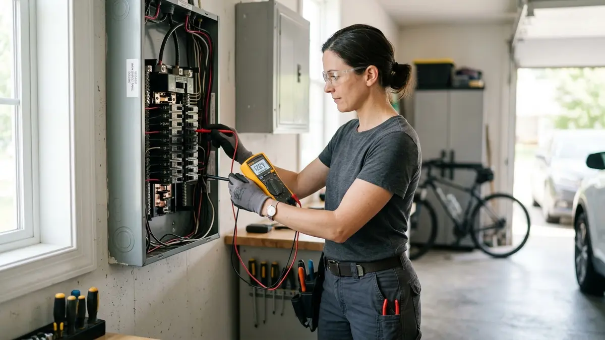 Electrician in safety glasses testing a home circuit breaker panel with a multimeter