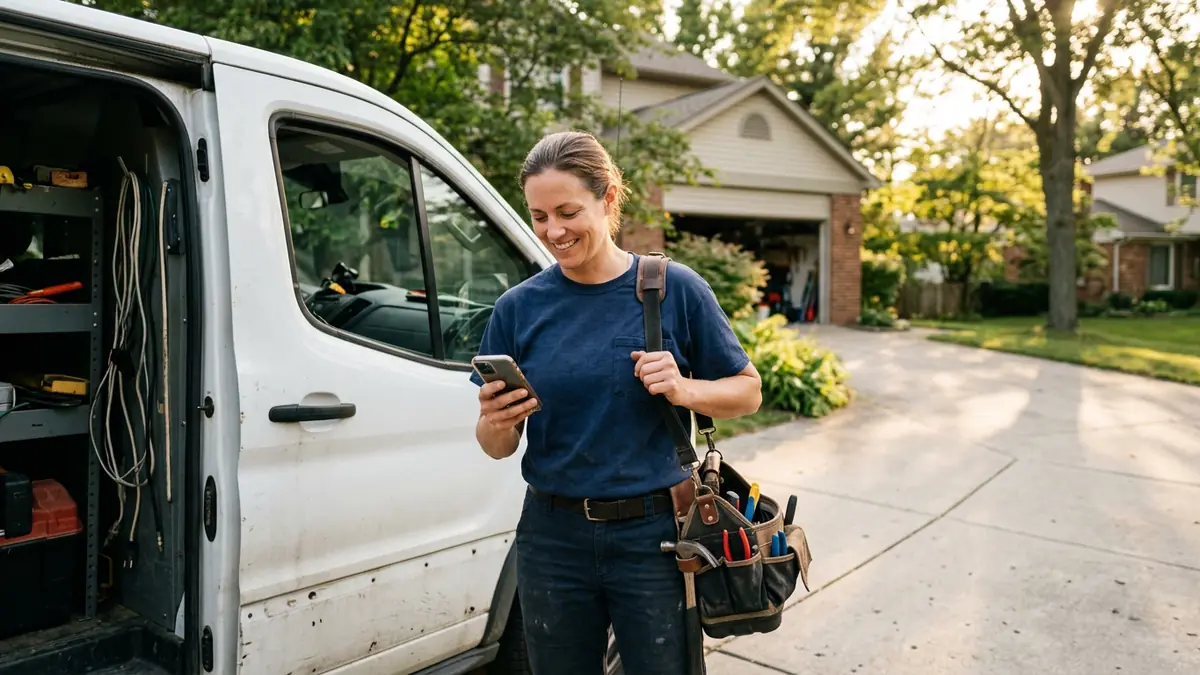 Independent electrician beside a work van checking a new local job on his smartphone