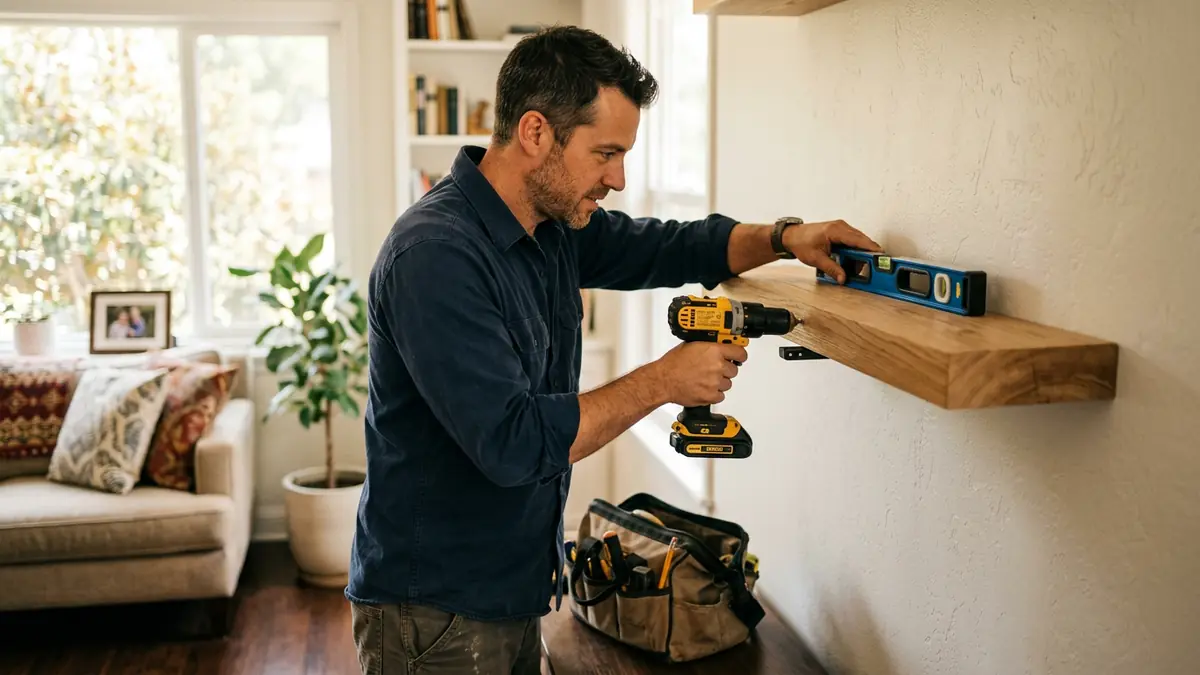 Independent handyman mounting a wooden wall shelf with a drill and level in a bright living room