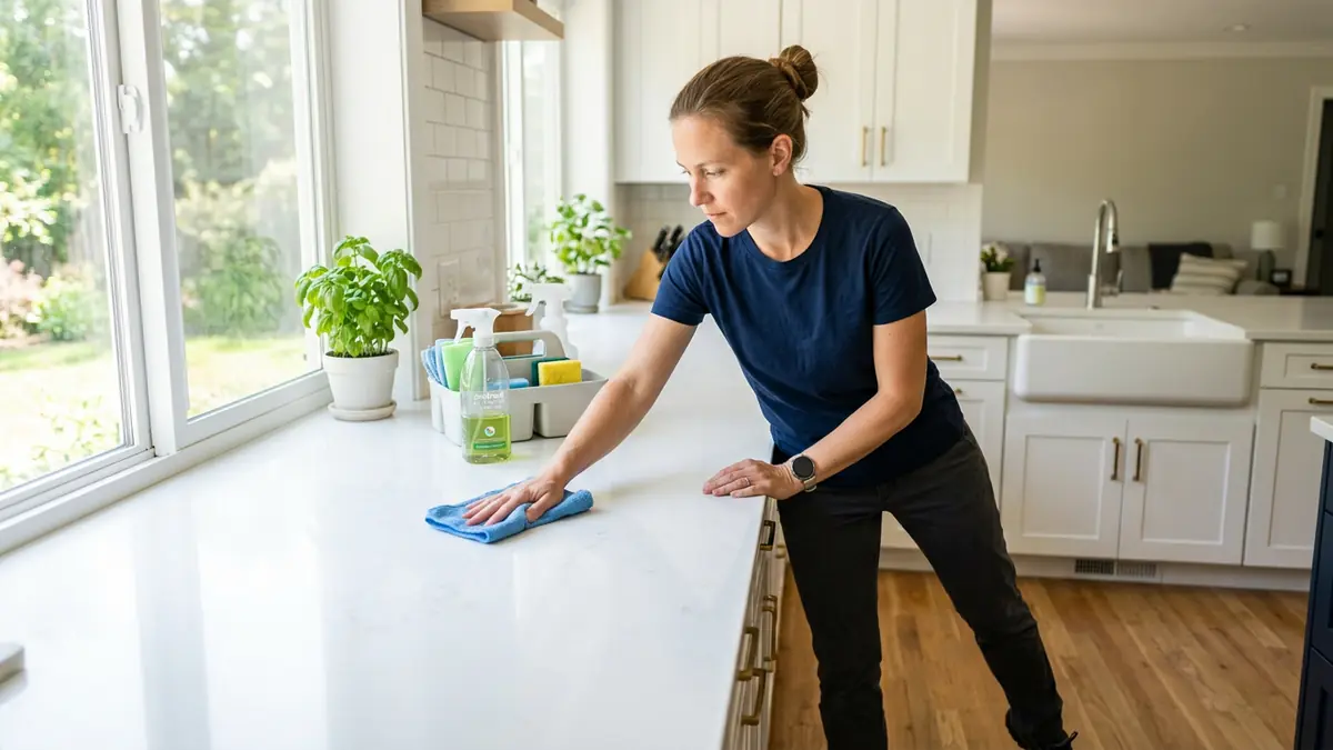 House cleaner wiping a white kitchen countertop with a microfiber cloth in a sunlit home
