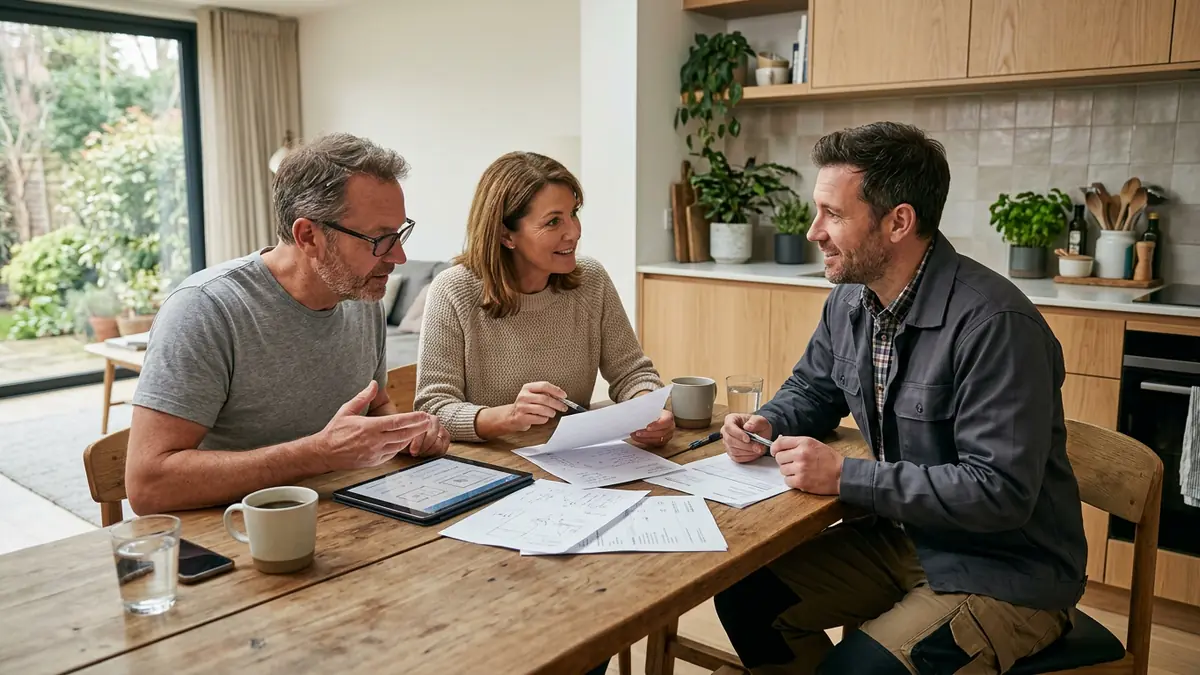 Homeowners reviewing a written home repair estimate with a contractor at a kitchen table