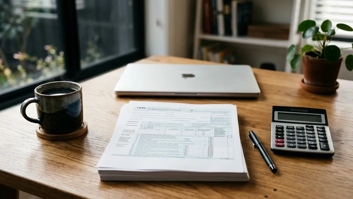 Blank tax forms, a calculator and a pen on a desk beside a laptop