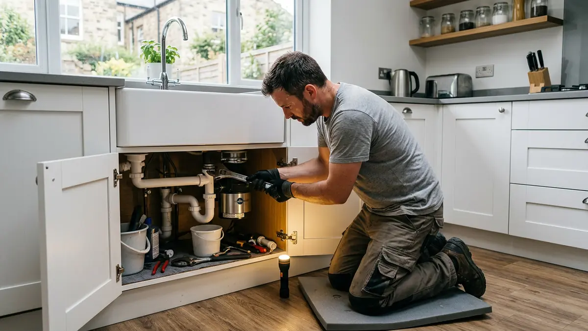 Plumber kneeling under a kitchen sink tightening a pipe fitting with a wrench