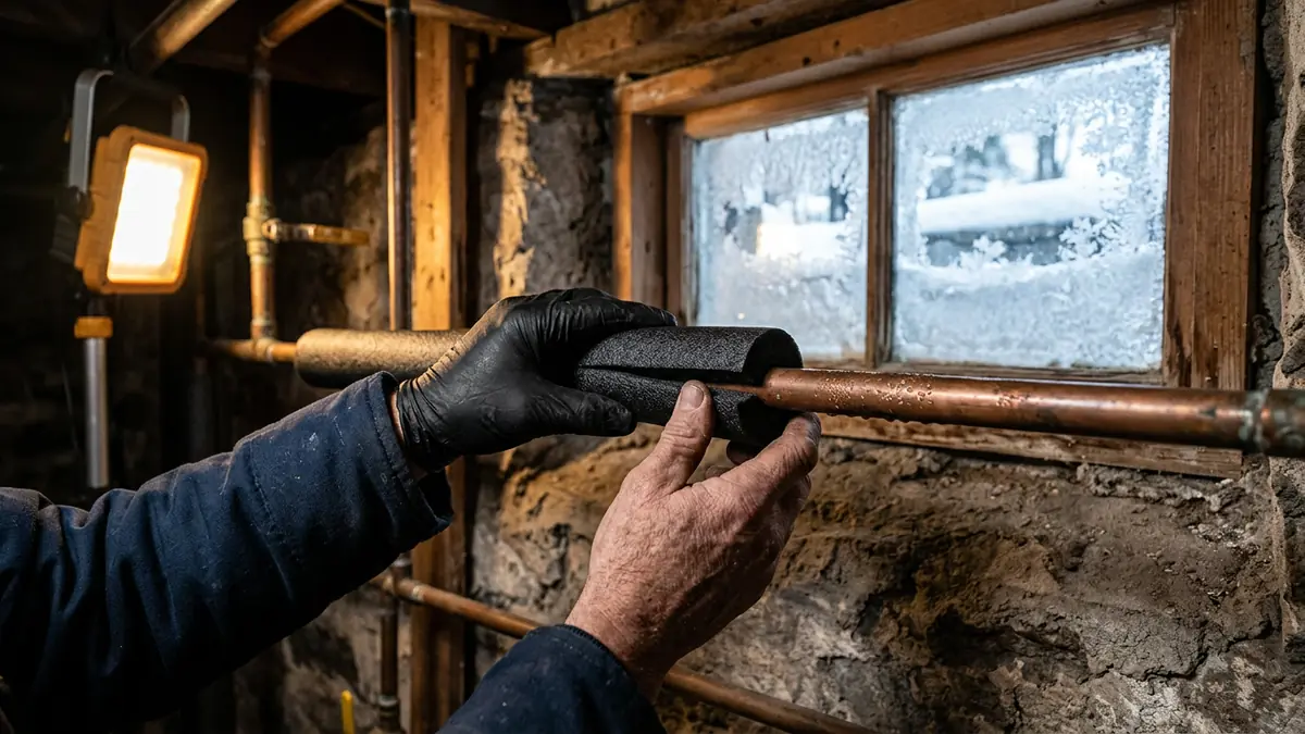 Hands wrapping foam insulation around a copper water pipe in a cold basement